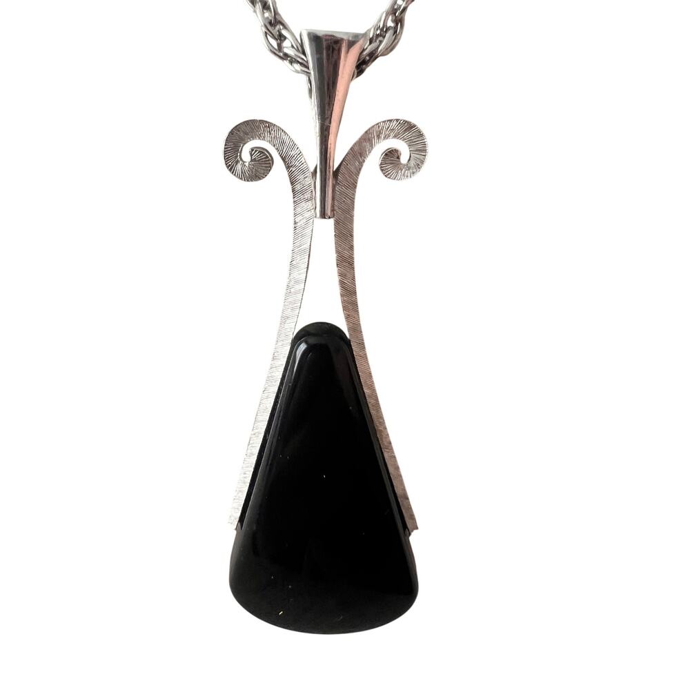 Vintage Avon Pendant Necklace 24" Silver Tone Modernist Black Statement 1970s - Picture 4 of 11